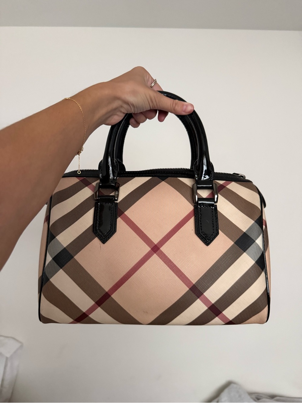 Burberry Beige Check Satchel with Black Patent Handles